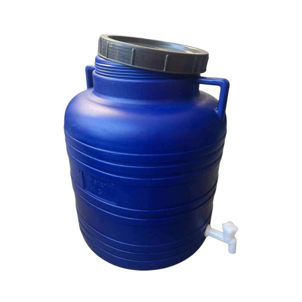 Butoi/Bidon 60L din plastic alimentar, cu gura mare si capac prin infiletare si robinet