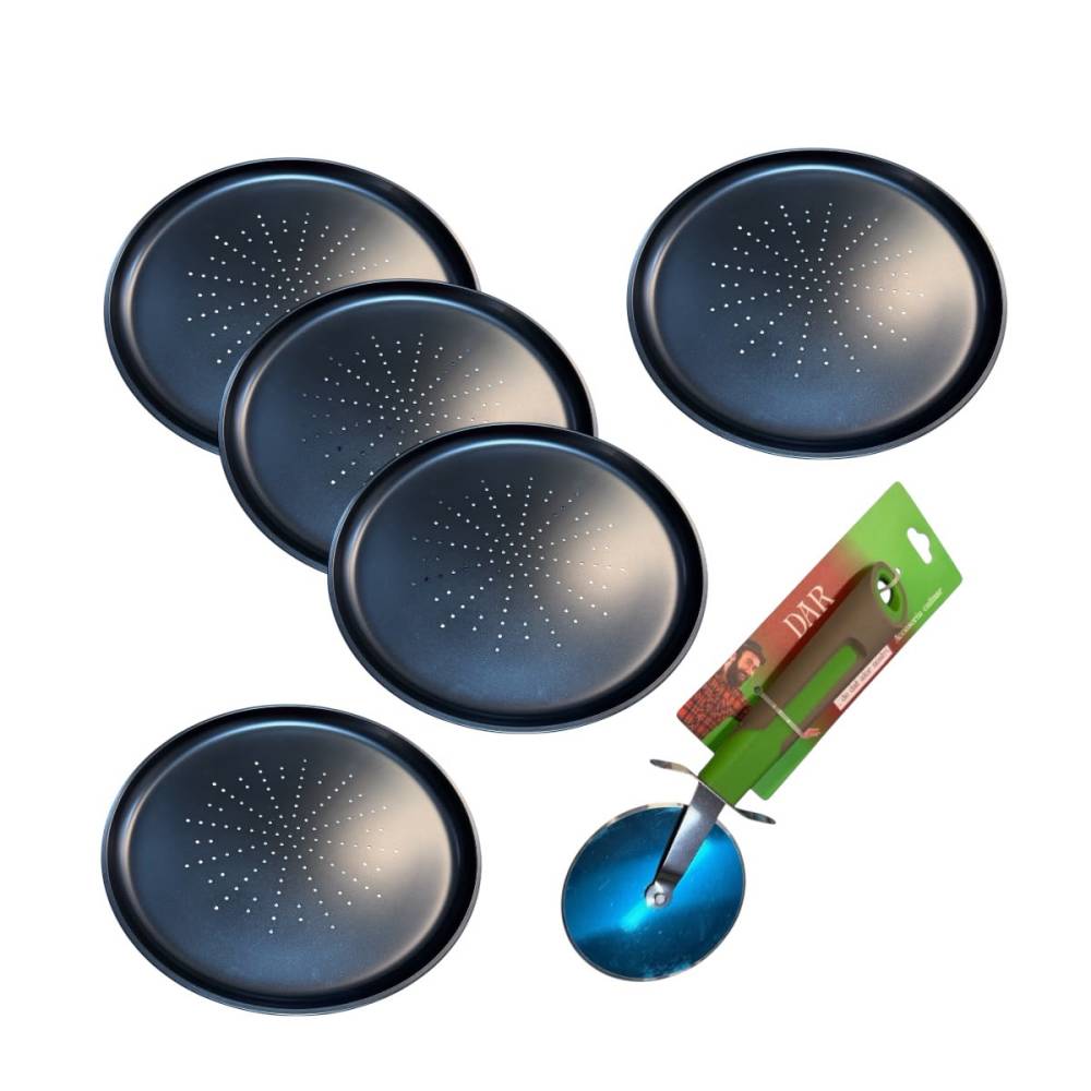 Tava Pizza perforata 32 cm set 5 bucati + 1 x Cutit Pizza mare 8.5 cm Tava Pizza perforata 32 cm set 5 bucati + 1 x Cutit Pizza mare 8.5 cm