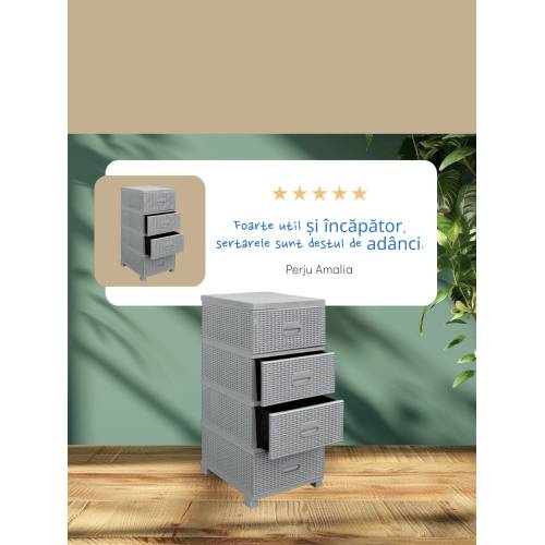 Dulap din plastic depozitare Tip ratan Gri cu 4 sertare 47x38x92 Dulap din plastic depozitare Tip ratan Gri cu 4 sertare 47x38x92