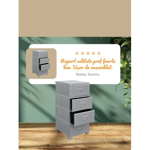 Dulap din plastic depozitare Tip ratan Gri cu 4 sertare 47x38x92 Dulap din plastic depozitare Tip ratan Gri cu 4 sertare 47x38x92