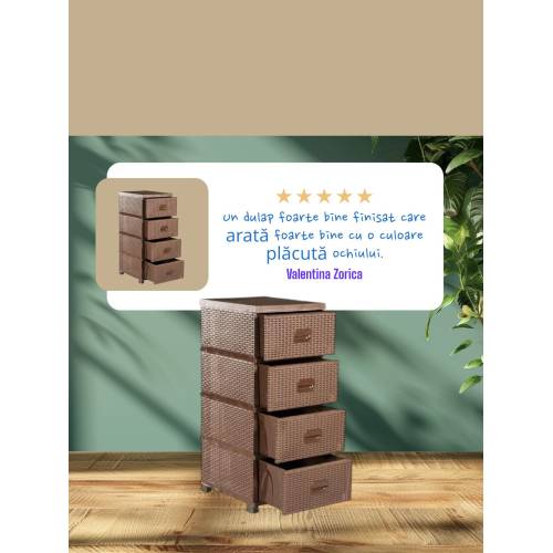 Dulap din plastic depozitare tip ratan maro cu 4 sertare 47x38x92