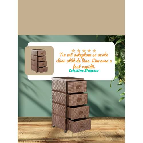 Dulap din plastic depozitare tip ratan maro cu 4 sertare 47x38x92
