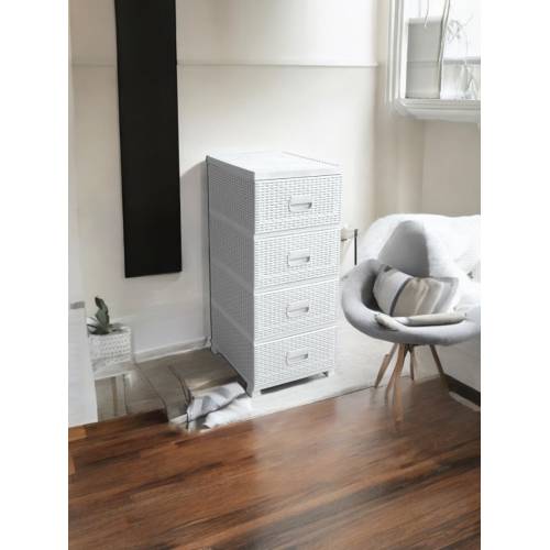 Dulap din plastic depozitare tip ratan alb cu 4 sertare 47x38x92