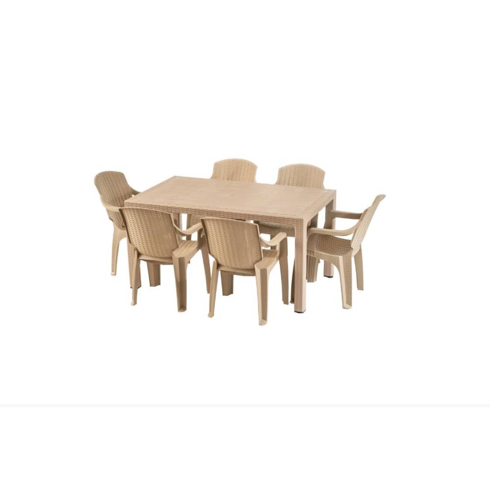 Masa fixa dreptunghiulara pentru gradina plastic tip ratan cu 6 scaune, crem Masa fixa dreptunghiulara pentru gradina plastic tip ratan cu 6 scaune, crem