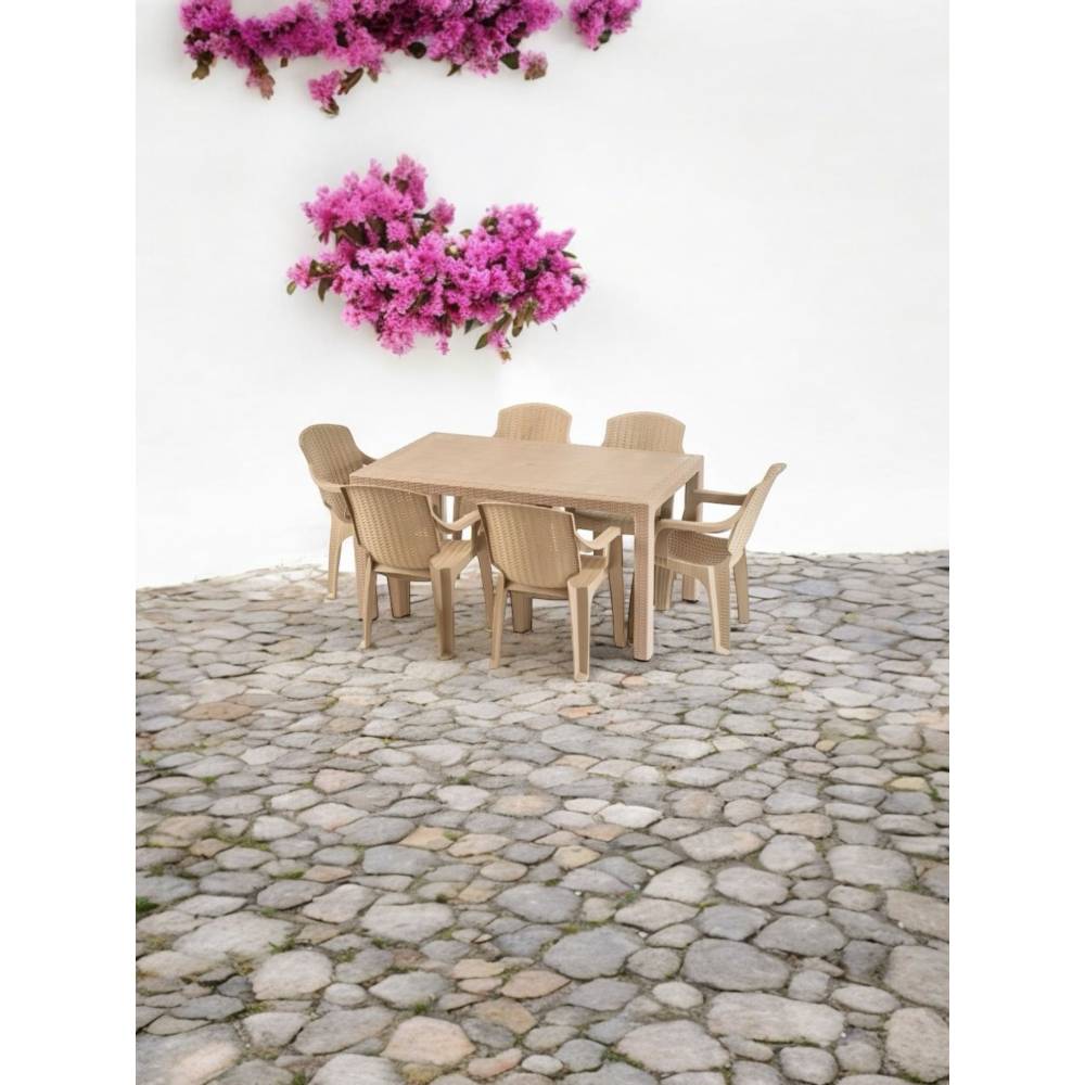 Masa fixa dreptunghiulara pentru gradina plastic tip ratan cu 6 scaune, crem Masa fixa dreptunghiulara pentru gradina plastic tip ratan cu 6 scaune, crem