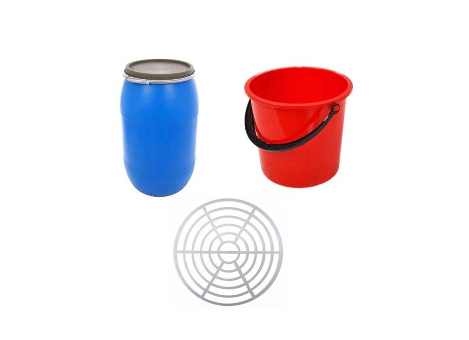 Butoi din plastic 120 L cu cerc metalic + Presa rotunda pentru butoi 47 cm + Galeata plastic 10 L