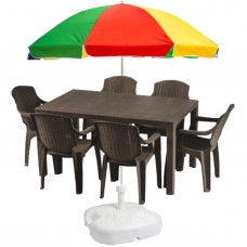 Masa fixa dreptunghiulara  pentru gradina plastic tip ratan cu 6 scaune, wenge + umbrela de soare mare, multicolora + suport umbrela 