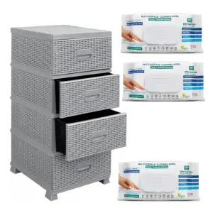 Dulap din plastic depozitare tip ratan gri cu 4 sertare si servetele umede cu bicarbonat si otet 3 buc/set