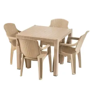 Masa patrata pentru gradina plastic tip ratan cu 4 scaune, crem