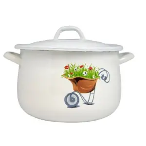 Cratita emailata bombata alba cu model, Diametru 22cm, cu capac 