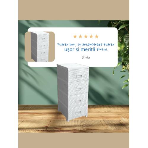 Dulap din plastic depozitare tip ratan alb cu 4 sertare 47x38x92