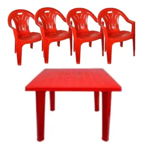 Masa fixa pentru gradina patrata cu 4 scaune, rosie