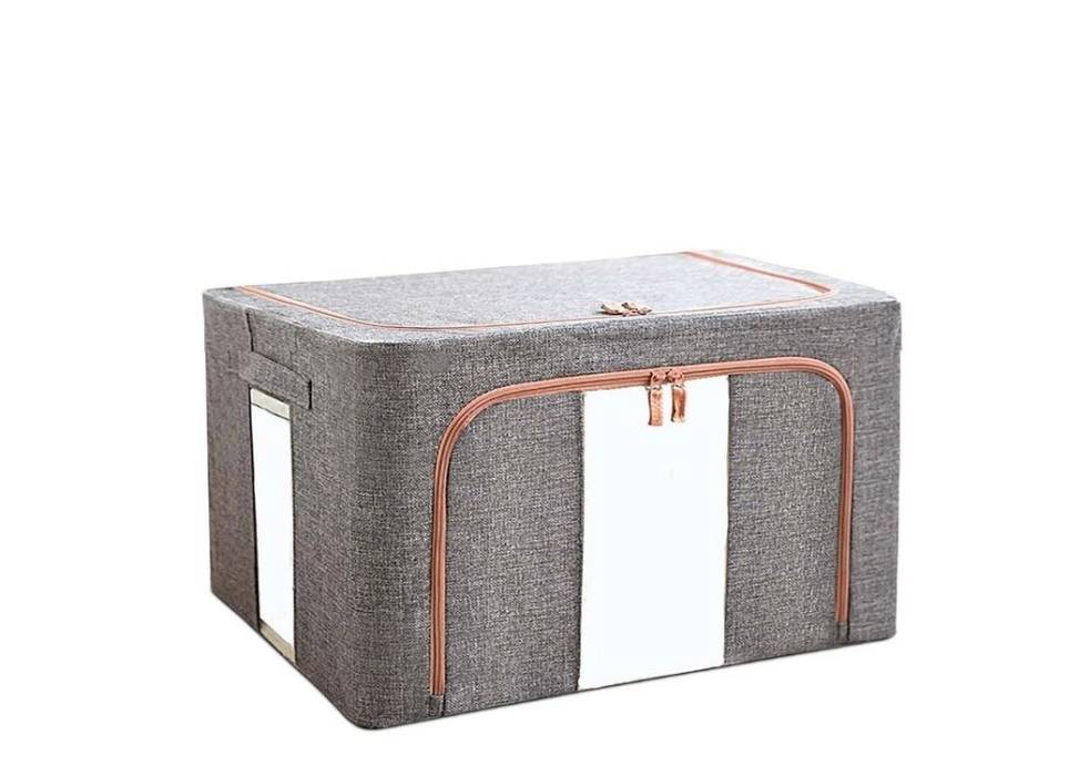 Cutie depozitare Gri 24L cu fermoar, material textil, doua ferestre