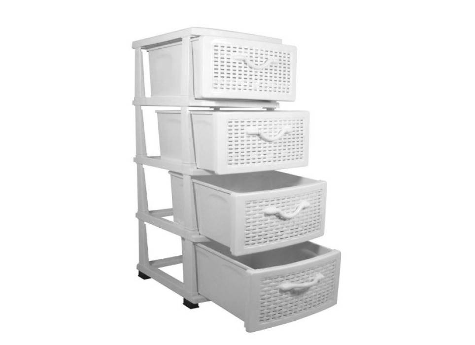 Dulap plastic depozitare tip ratan - 4 sertare, alb 47x38x92