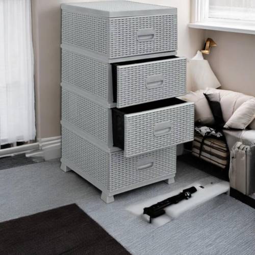 Dulap din plastic depozitare Tip ratan Gri cu 4 sertare 47x38x92 Dulap din plastic depozitare Tip ratan Gri cu 4 sertare 47x38x92