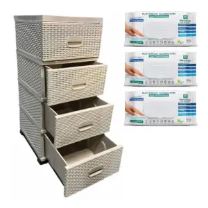 Dulap din plastic depozitare tip ratan bej cu 4 sertare si servetele umede cu bicarbonat si otet 3 buc/set