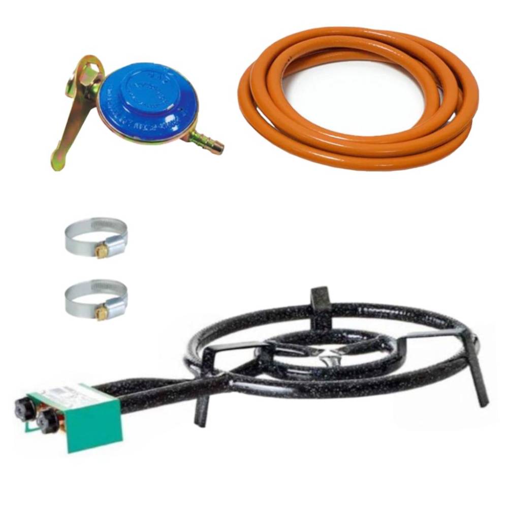 Pirostrie rotunda gaz (arzator) 2 robineti si 3 arzatoare, diametru 50cm + furtun gaz 2m + ceas butelie + 2 x coliere metal Pirostrie rotunda gaz (arzator) 2 robineti si 3 arzatoare, diametru 50cm + furtun gaz 2m + ceas butelie + 2 x coliere metal