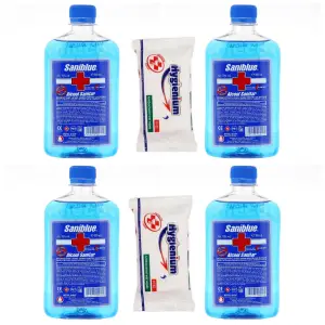 Pachet 4 x Alcool sanitar Saniblue 70% ,500ml + servetele antibacteriene hygienium 15buc/set