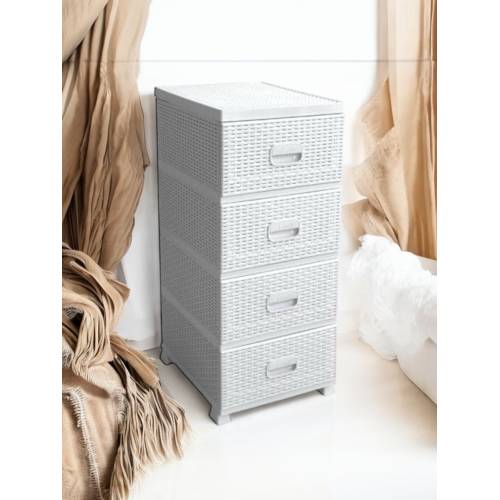 Dulap din plastic depozitare tip ratan alb cu 4 sertare 47x38x92