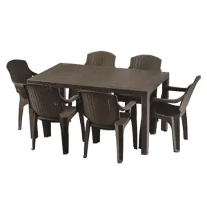 Masa fixa dreptunghiulara pentru gradina plastic tip ratan cu 6 scaune, wenge