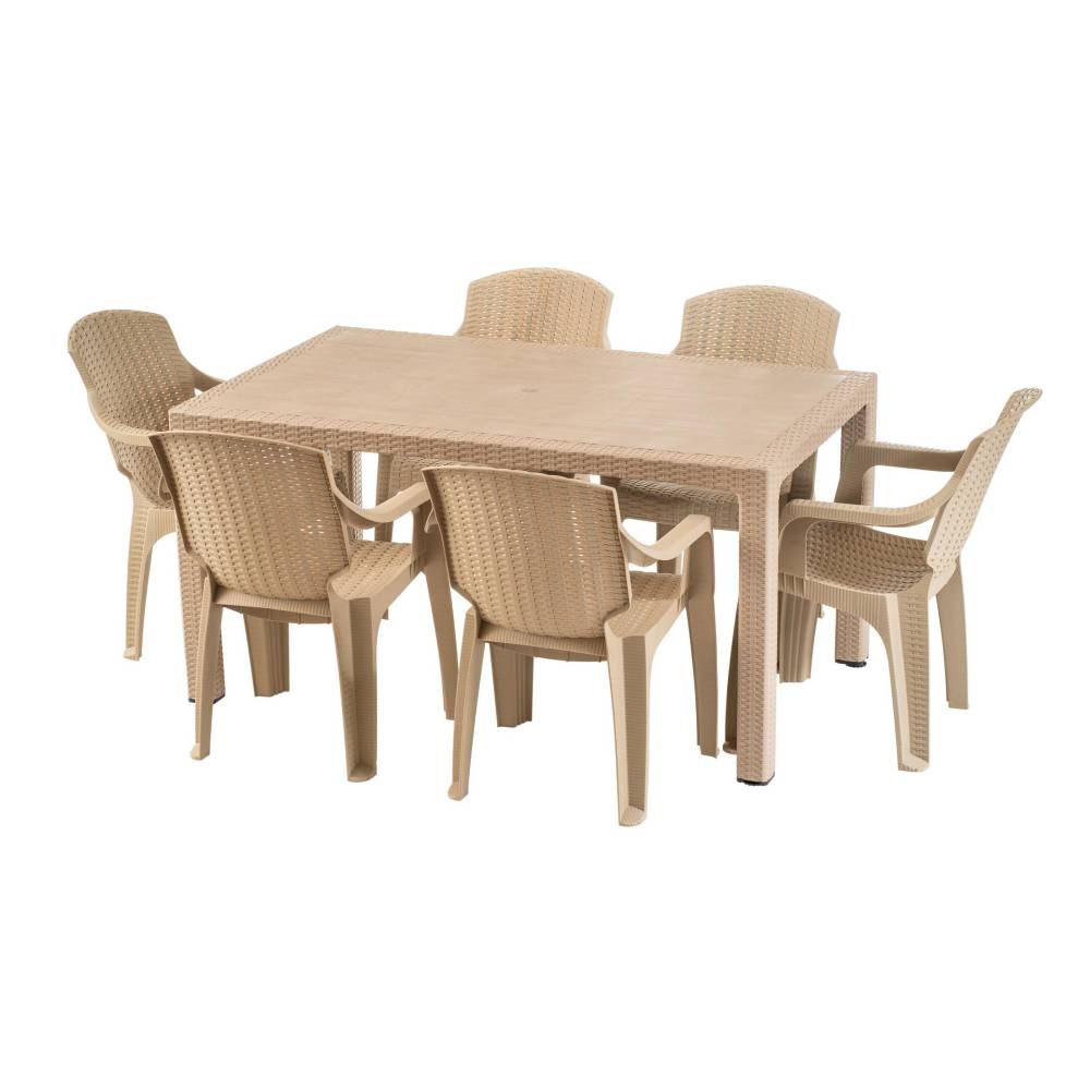 Masa fixa dreptunghiulara pentru gradina plastic tip ratan cu 6 scaune, crem Masa fixa dreptunghiulara pentru gradina plastic tip ratan cu 6 scaune, crem