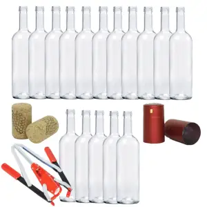 Sticla de vin 750 ml cu dop de pluta 16 bucati, capsion visiniu PVC si dopuitor sticle vin manual