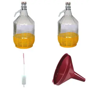 Damigeana 5L din sticla, Dop cu sarma, Inchidere ermetica x2 + Palnie mare 20 cm + Perie pentru damigeana Lux