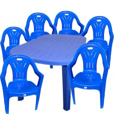 Masa fixa pentru gradina, ovala cu 6 scaune, albastra