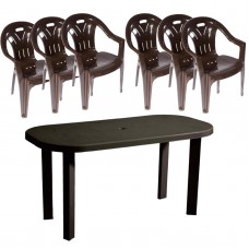Masa fixa pentru gradina, ovala cu 6 scaune, maro